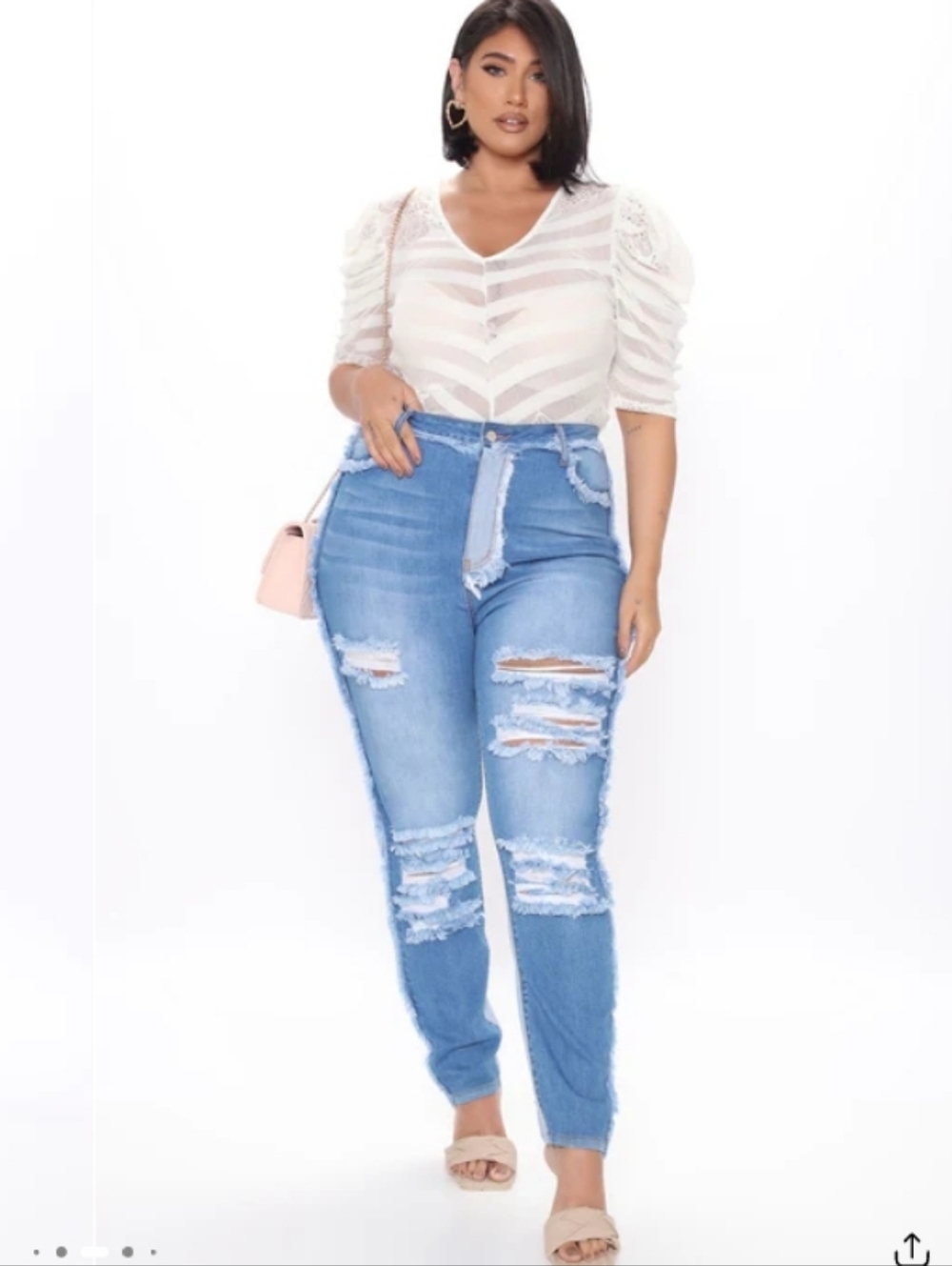 Fashion Nova Pull It Together Two Tone Skinny Distressed Light Blue Jeans - Picture 4 of 8